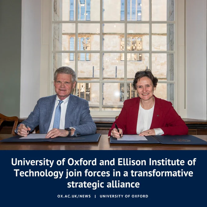 Professor Sir John Bell and Professor Irene Tracey sat at a desk smiling as they sign official documents. A blue box below the image reads “University of Oxford and Ellison Institute of Technology join forces in a transformative strategic alliance”.  