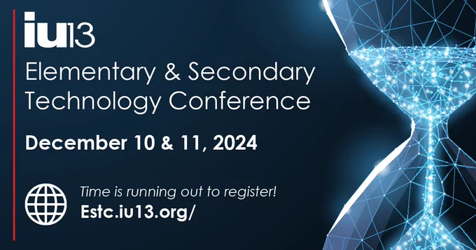 Black info image for Elementary and Secondary Technology Conference with line art of hourglass