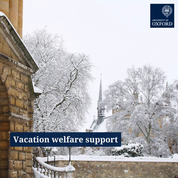 A snowy Oxford scene with text 'Vacation welfare support'