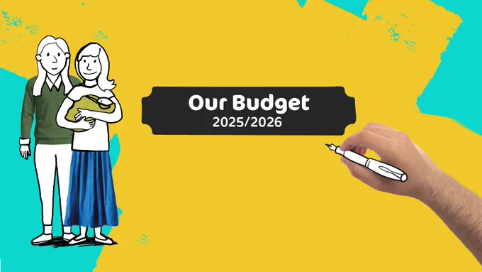 Illustrations of two parents. One is wearing a green jumper and the other is wearing a long blue skirt. The parent in the blue skirt is also holding a baby and smiling to the viewer. A hand is holding an illustrated pen to the right. Text reads: Our Budget 2025/2026.
