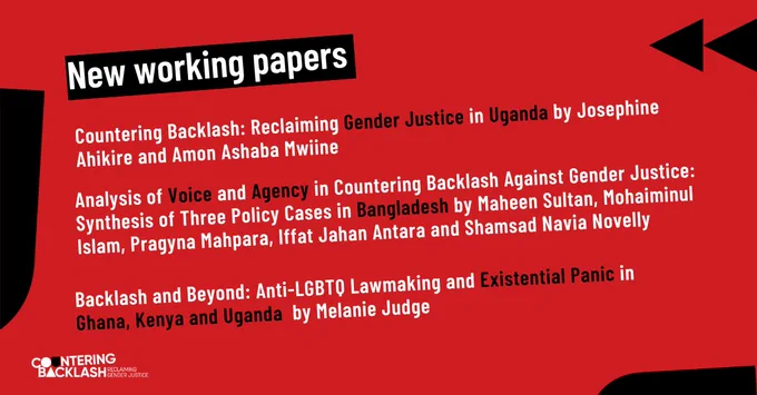 A branded graphic card with shapes in the background. Text reads: New working papers. Countering Backlash: Reclaiming Gender Justice in Uganda by Josephine Ahikire and Amon Ashaba Mwiine. Analysis of Voice and Agency in Countering Backlash Against Gender Justice: Synthesis of Three Policy Cases in Bangladesh by Maheen Sultan, Mohaiminul Islam, Pragyna Maphara, Iffat Jahan Antara and Shamsad Navia Novelly. Backlash and Beyond: Anti-LGBTQ Lawmaking and Existential Panic in Ghana, Kenya and Uganda by Melanie Judge. 