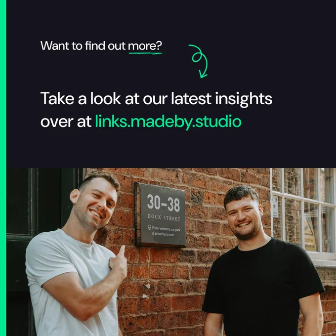 "Want to find out more?" "Take a look at our lastest insights over at links.madeby.studio" Matt and Sam outside Dock Street office.
