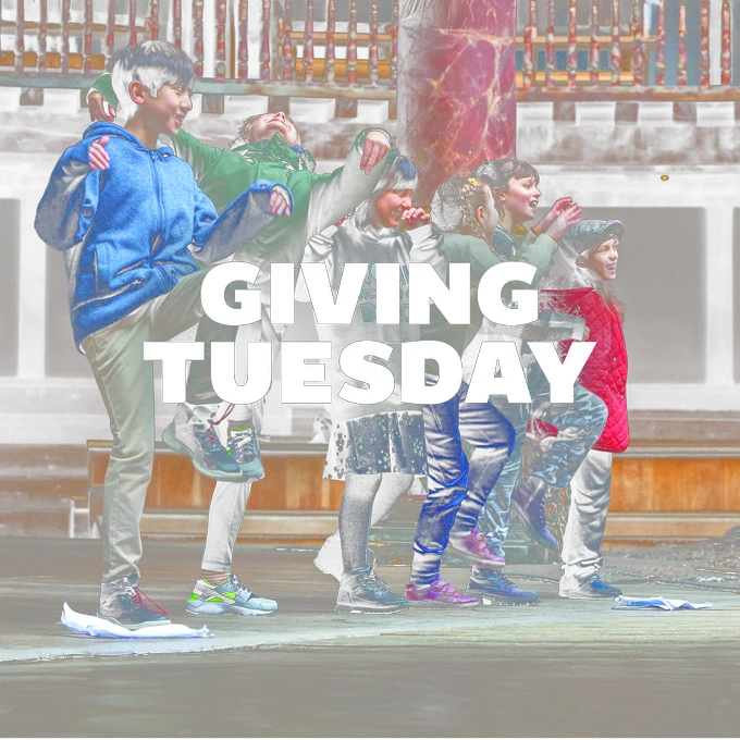 Children excitedly performing on the stage of the Globe Theatre with 'Giving Tuesday' text overlay.