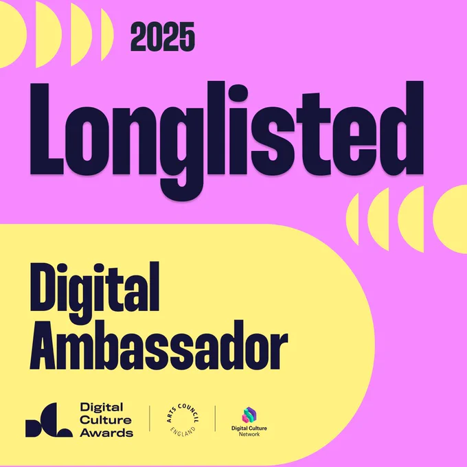 Pink and yellow graphic saying "2025 long listed digital ambassador"