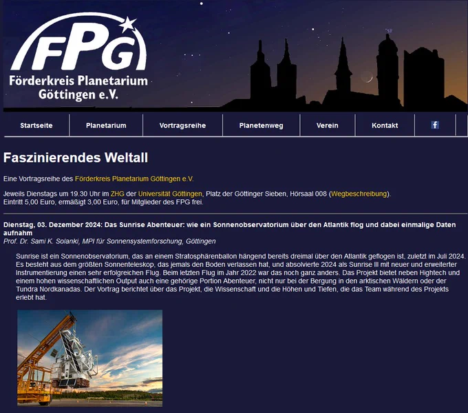 Dienstag, 3. Dezember 2024, 19.30 Uhr im ZHG
Prof. Dr. Sami K. Solanki (MPS):
Das Sunrise-Abenteuer: Wie ein Sonnenobservatorium über den Atlantik flog und dabei einmalige Daten aufnahm