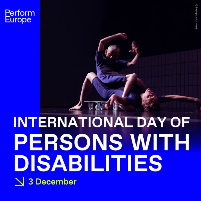 Two dancers engage in a contemporary performance on stage. One dancer uses a wheelchair, showcasing a movement where their bodies intertwine. The scene is illuminated with soft light. Overlaid text reads, "Perform Europe - International Day of Persons with Disabilities, 3 December," in bold blue and white.