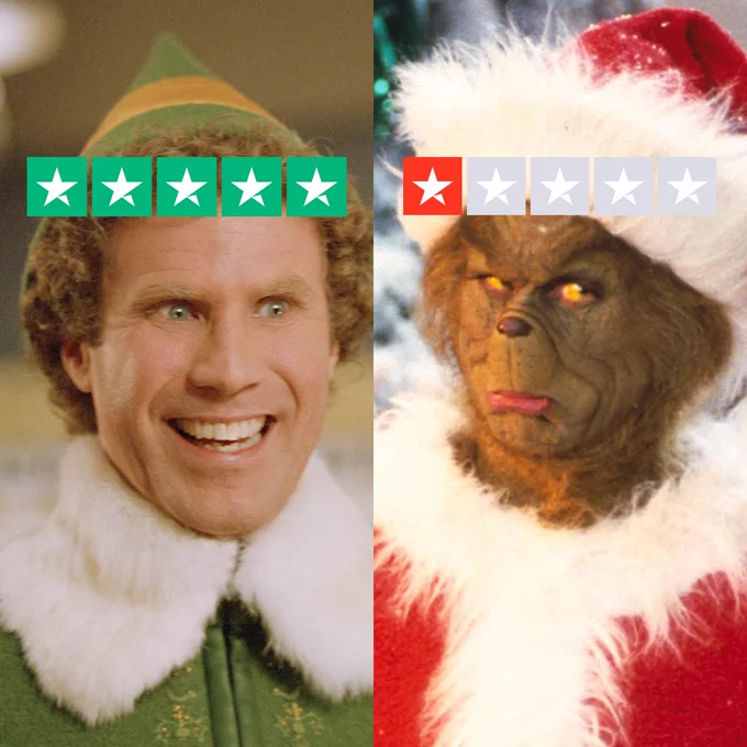 Split image featuring Buddy the Elf from the movie 'Elf' on the left and the Grinch from 'How the Grinch Stole Christmas' on the right, both dressed in festive costumes. Each character has a row of stars above them; Buddy has five green stars and the Grinch has one red star.