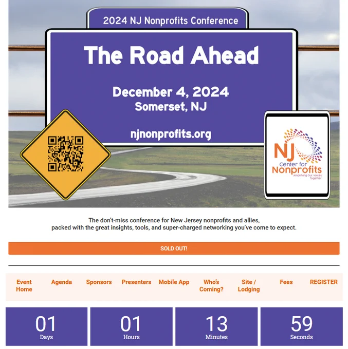 A countdown clock showing 1 day, 1 hour, 13 minutes and 59 seconds appears below the graphic for the NJ Center for Nonprofits' annual conference, "The Road Ahead," December 4, 2024, in Somerset.