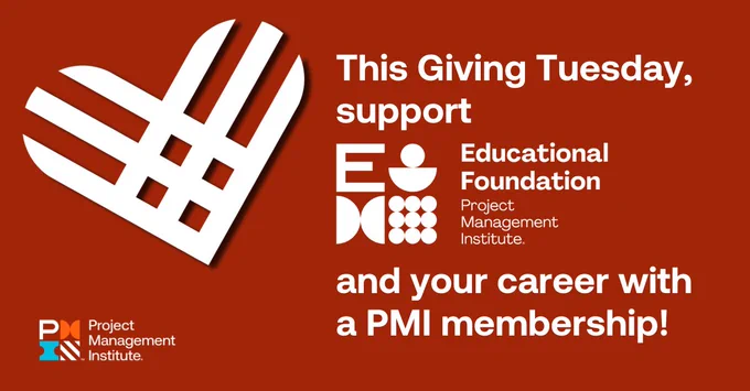 Red banner for Giving Tuesday promoting support for the PMI Educational Foundation and PMI memberships, featuring a white heart on the left.