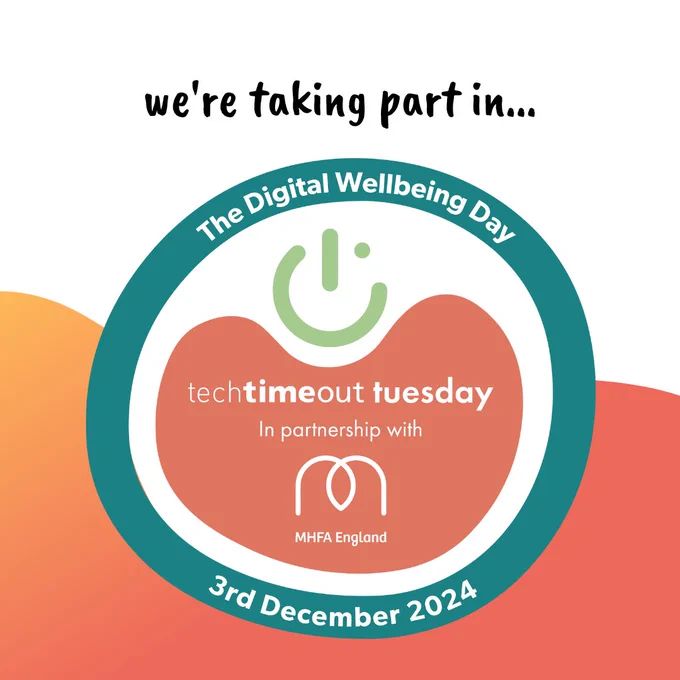 Promotional graphic for The Digital Wellbeing Day on 3rd December 2024, in partnership with MHFA England. Features a power button symbol within a colorful design.