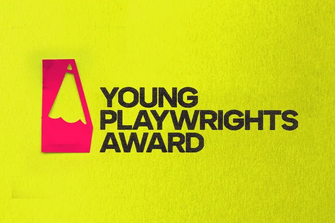 Young Playwrights Award is written on black against a bright yellow background, next to the logo, the head of a pencil cut out of pink cardboard. It's all very cool.