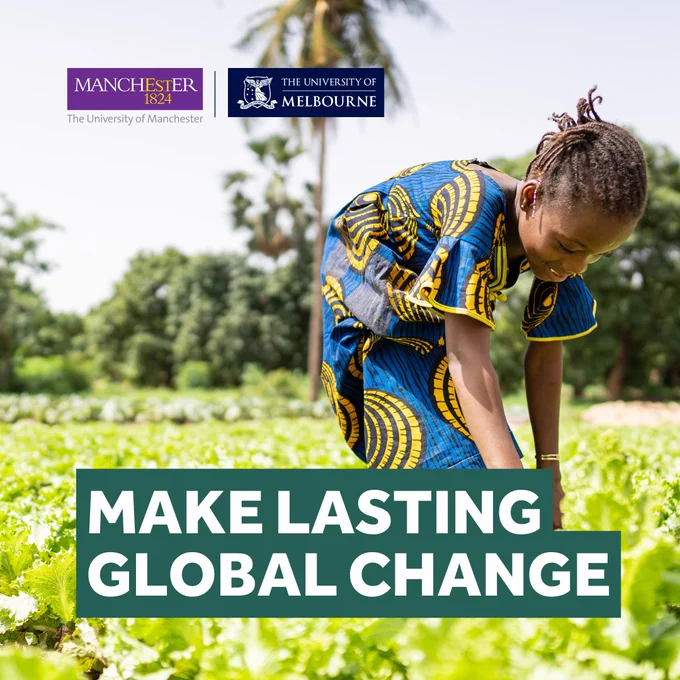 A young girl stands in a field. The text reads 'make lasting global change'. 