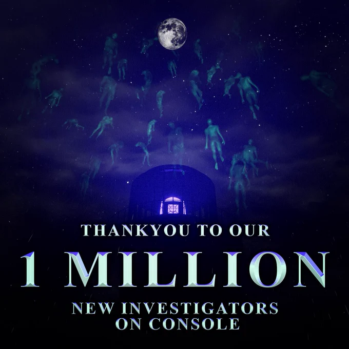 Promotional image celebrating 1 million copies of Phasmophobia sold on PS5 and Xbox Series X/S. Features a full moon illuminating silhouettes of multiple figures in mid-air above a dome-shaped structure, against a starry night sky.