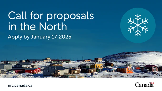 Longshot of  a village in Nunavut, against a snowy background under a clear blue sky. Text: Call for proposals in the North. Apply by January 17, 2025.