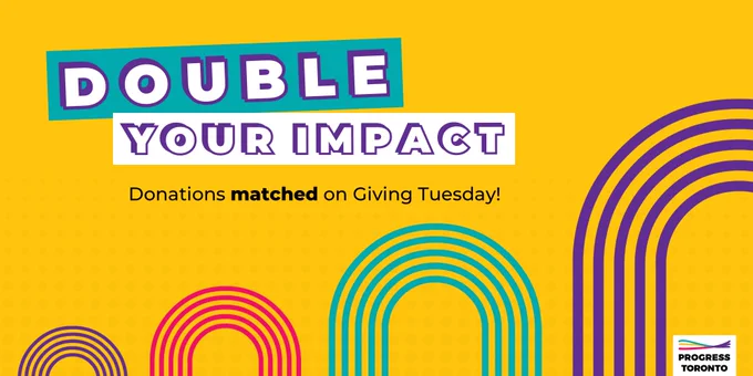 Yellow background with white text reading Double your impact. On the bottom there are purple, pink, and green arches next to each other getting bigger.