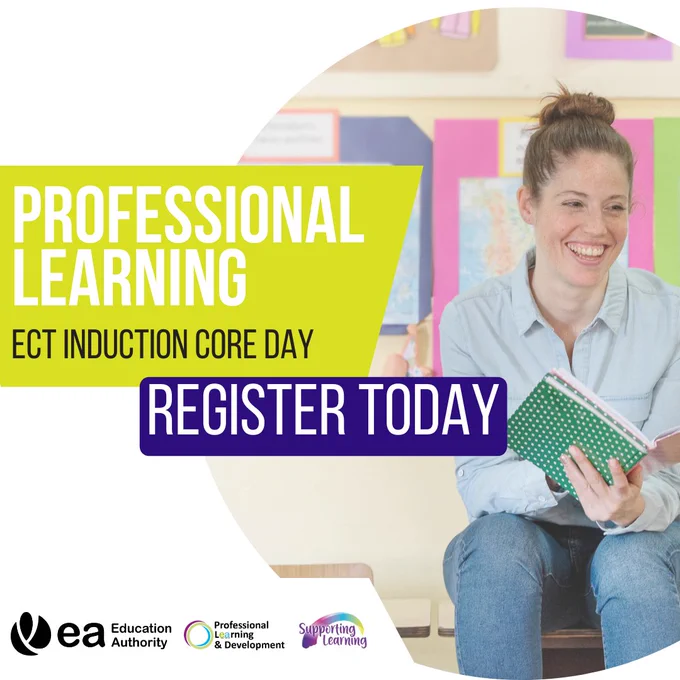 Professional Learning ECT induction core day register today. Teacher smiling holding a book in a classroom.