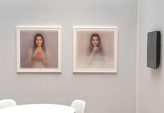 A art fair booth with framed art on the walls
