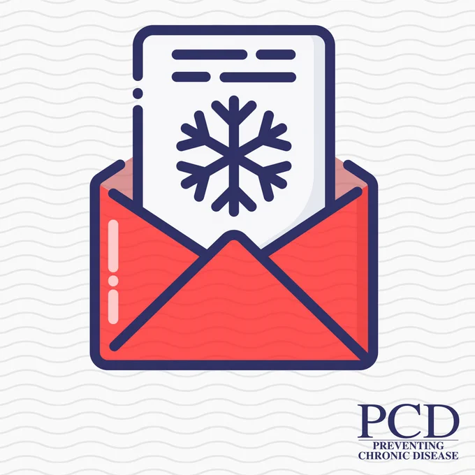 This is an illustrated graphic of a red envelope outlined in dark blue on white background with a light blude wave pattern. A white piece of paper outlined in dark blue with a dark blue snowflake on it is coming out of the envelope. The PCD logo appears in dark blue text in the bottom right of the image. 