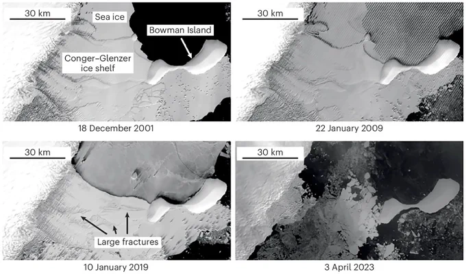 Landsat images from 2001 to 2023 showing the loss of the Conger–Glenzer Ice Shelf