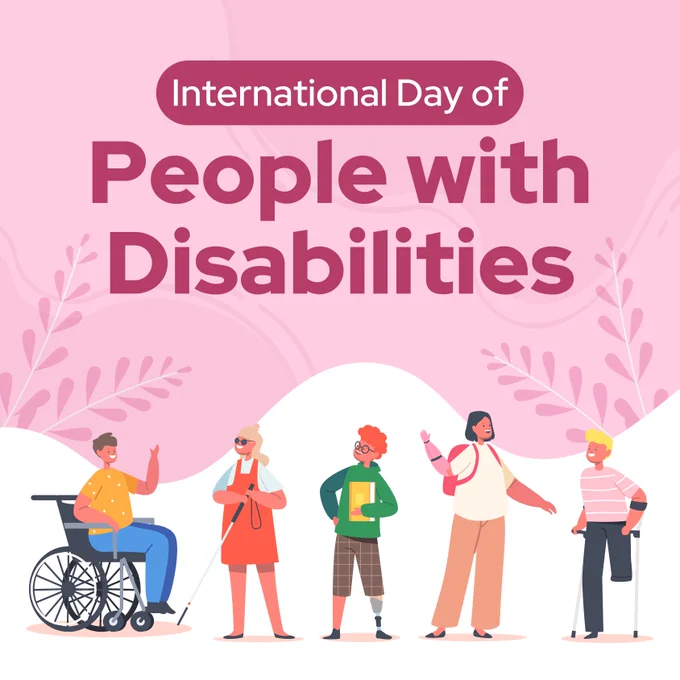 Graphic for International Day of People with Disabilities featuring five individuals set against a pink background with decorative foliage.