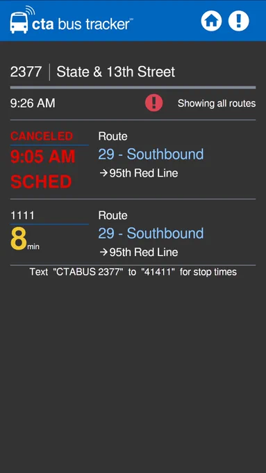 A screenshot of the Bus Tracker website. One bus arrival is marked as canceled in red letters, and a second arrival is in eight minutes.