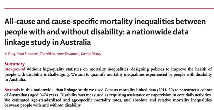 New Journal Article - All-cause and cause-specific mortality inequalities between people with and without disability: a nationwide data linkage study in Australia