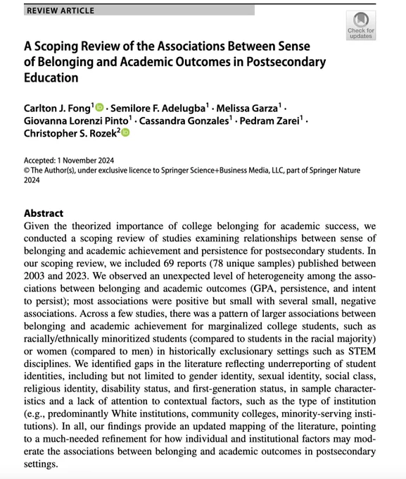 The title and abstract for the article "A Scoping Review of the Associations Between Sense of Belonging and Academic Outcomes in Postsecondary Education"