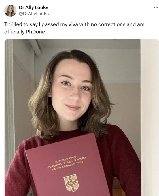 A screenshot of Dr. Ally Louks's post saying that she had passed her PhD viva with no corrections.