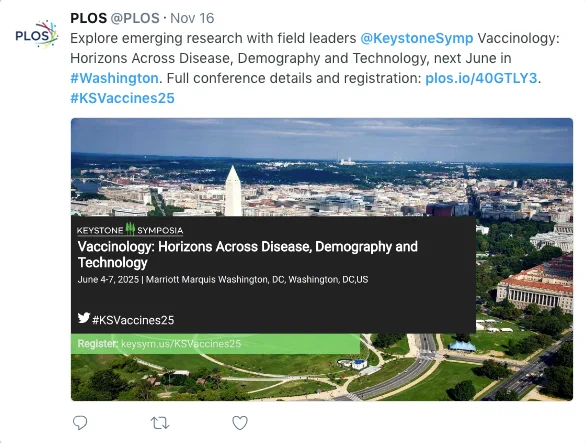 Aerial view of Washington D.C., featuring prominent city landmarks under clear skies, posted by PLOS on Twitter advertising a conference with Keystone Symposia about disease, demography, and vaccines, including details for registration.