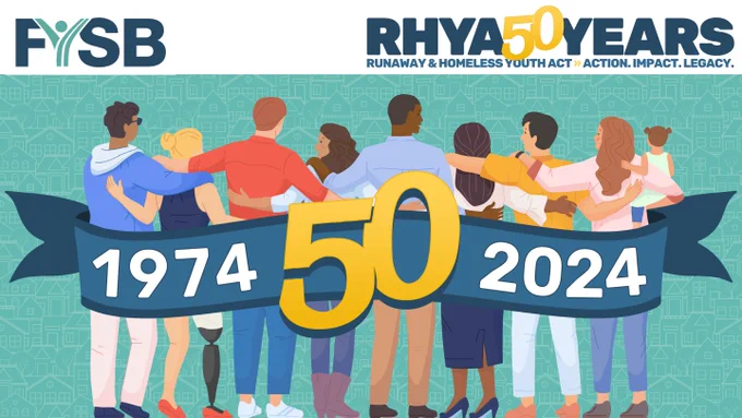 Graphic celebrating 50 years of the Runaway and Homeless Youth Act, featuring a diverse group of people standing together in unity, with text that reads '1974 50 2024' and 'RHYA 50 Years' alongside logos for FYSB and RHYA.