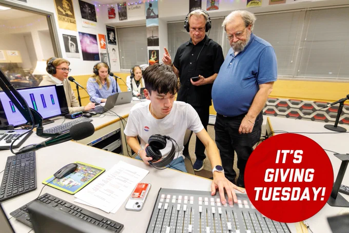 Junior Hamilton Reinbold, center, operates a broadcast console during 90.3 KRNU’s election coverage in Andersen Hall. COJMC Election Coverage. November 5, 2024. Photo by Jordan Opp / University Communication and Marketing