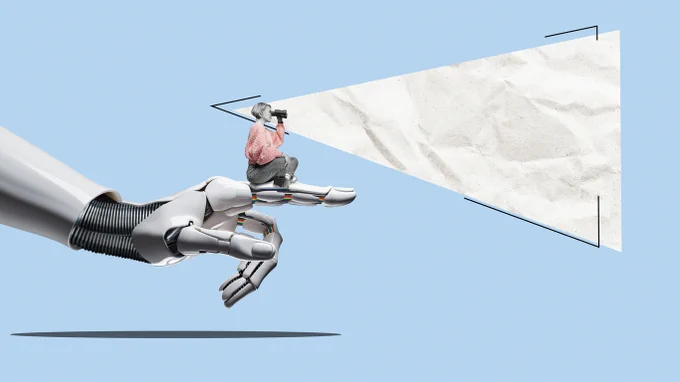 A robotic arm with a woman sitting on one of its fingers looking through binoculars. 