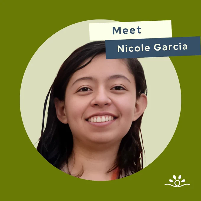 The second slide features a smiling portrait of Nicole Garcia who has medium length brown hair with a black t-shirt against a light tan circular background with a darker green border. Text reads 'Meet Nicole Garcia' in bold. At the bottom left of each image is the National Disability Center which is a thick white line that loops in a circle in the middle and curves down and upward at each end. Above the line are four white spear-shaped leaves arranged in an arc over the loop.