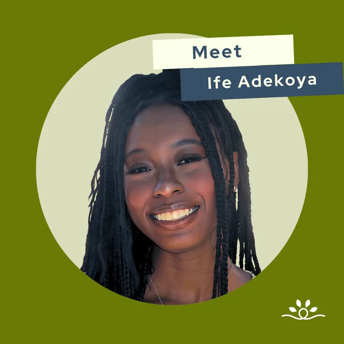 A carousel post. The first slide, a smiling portrait of Ife Adekoya who has black braids against a light tan circular background with a darker green border. Text reads 'Meet Ife Adekoya' in bold.