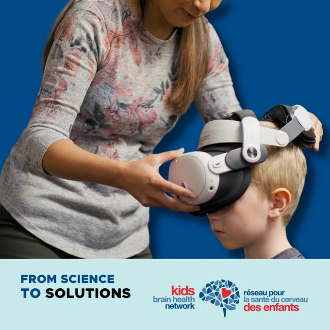 A woman in a floral shirt helps a boy wear a VR headset. The background is blue. Text reads "From Science to Solutions" with Kids Brain Health Network logos.
