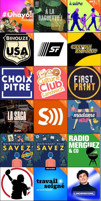 Capture d'écran de l'application Podcast addict 
#Ohayo
A la baguette !
A Suivre 
Binouze USA 
C'est plus que de la SF
C'est qui en pole 
Choixpitre 
Culture club sandwich 
First Print 
La Saga 
Les Sondiers 
Madame Meuf 
Maintenant vous savez 
Radio merguez & Co
TD Actu 
Travail soigné 
Underscore 