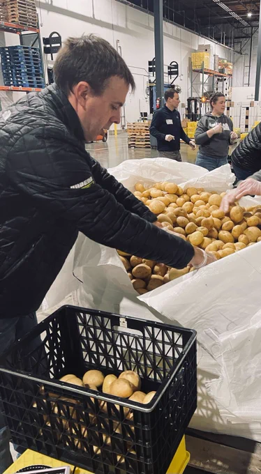 Person selecting potatoes from a large bin in a warehouse setting, with other individuals working in the background.