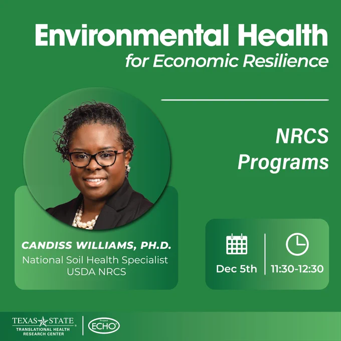 Graphic Flyer for Session 2 of the Environmental Health for Economic Resilience with Guest Speaker Dr. Candiss Williams.