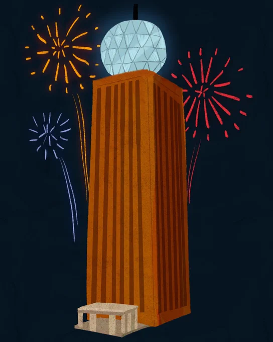 Illustration of Du Bois Library against a black background with Times Square New Year's ball on top of Library and red, yellow, and blue fireworks in background.