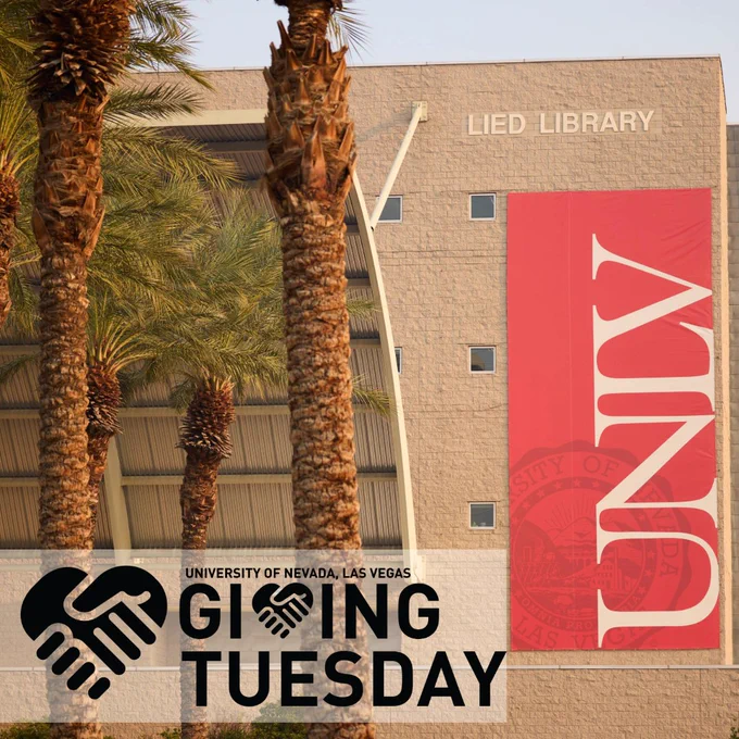 Lied Library with palm trees and Giving Tuesday graphic at UNLV.