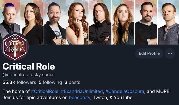 A screenshot of Critical Role's Bluesky page 