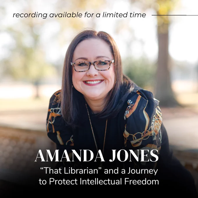 Recording available for a limited time. Amanda Jones standing outside and smiling at the camera. Amanda Jones: That Librarian and a Journey to Protect Intellectual Freedom. 