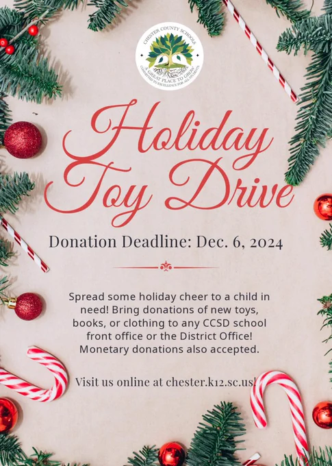 CCSD Holiday Toy Drive, donate holiday gifts to a child in need. Drop off all donations at the CCSD office by December 6, 2024. 