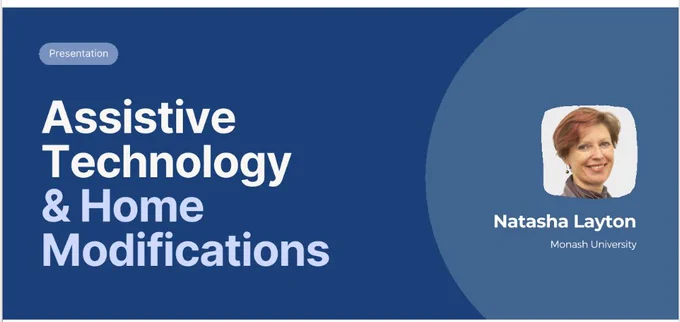 A slide on screen with an image a person on the right, and the words "assistive technology & home modifications" on the left
