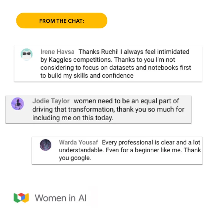 Three chat messages express gratitude and positive feedback for a session about AI, with one message highlighting the importance of women in AI. The Women in AI logo is positioned below the messages.