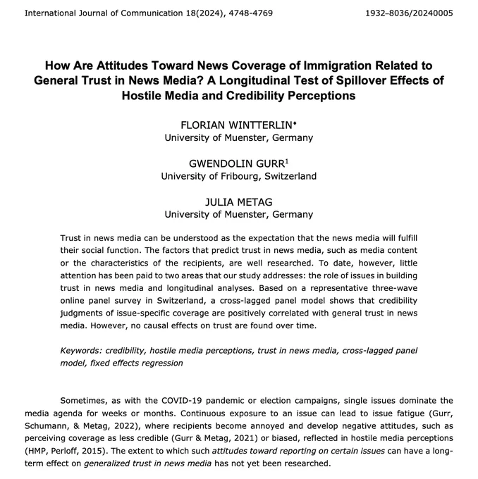 How Are Attitudes Toward News Coverage of Immigration Related to General Trust in News Media? A Longitudinal Test of Spillover Effects of Hostile Media and Credibility Perceptions