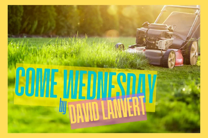 A lawn mower site atop lush green grass during the golden hour as sunlight fades in the distance. The words Come Wednesday by David Lanvert are presented in an 80s vibe in yellow and purple mostly transparent boxed floating above the freshly moved grass. 