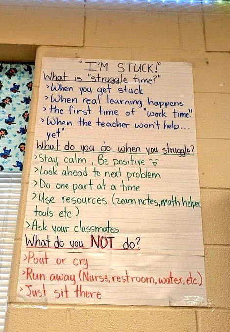 Anchor chart titled "I'm Stuck!" offers bullet-pointed information under the headers "What is 'struggle time?'," "What do you do when you struggle?" and "What do you NOT do?"