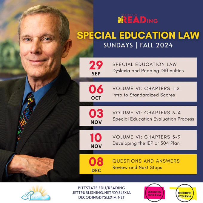 Photograph of Dr. Hurford and information about the Center for Reading Fall 2024 webinar series. The last session is highlighted. It takes places on December 8. It will be a question-and-answer format to review information and discuss next steps.