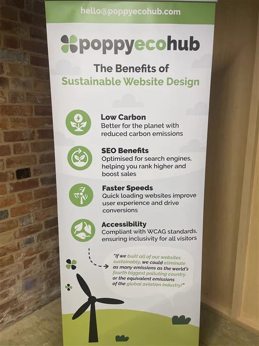 Banner showing the benefits of sustainable web design by Poppyecohub